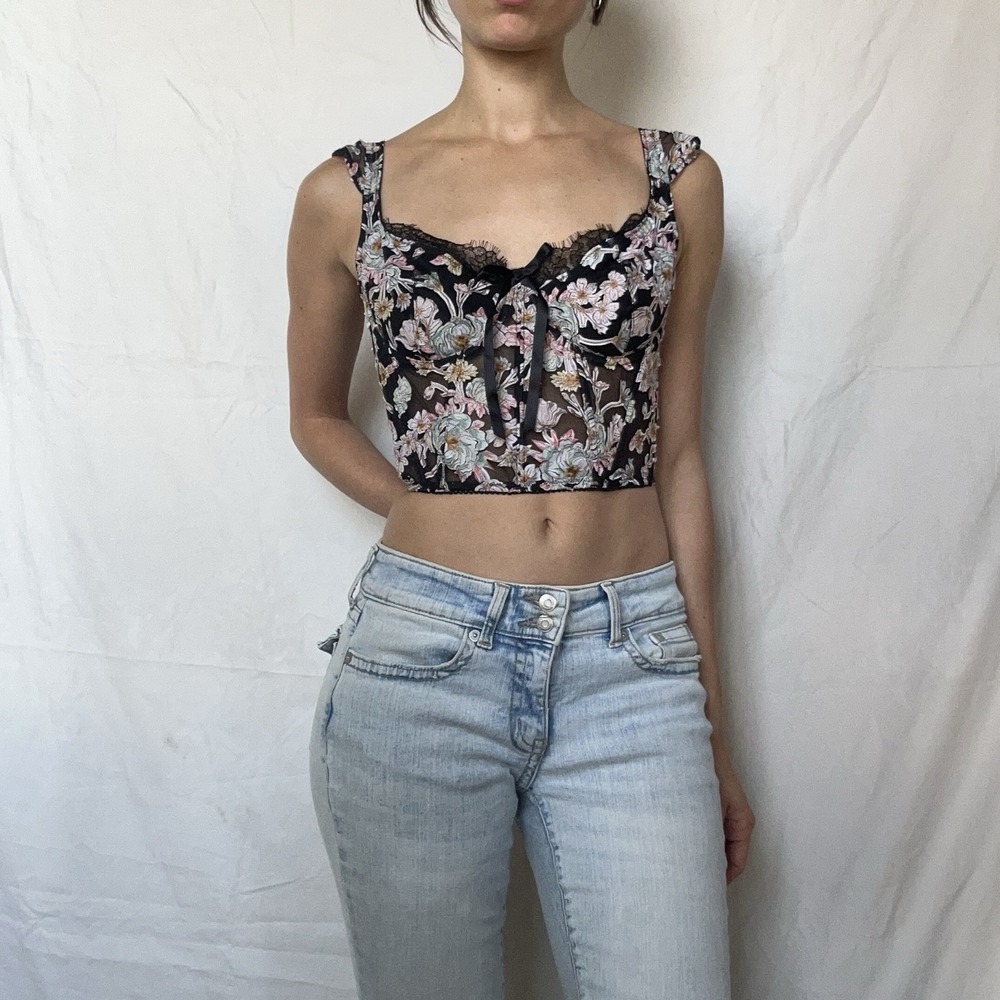 Victoria's Secret Dream Angels Corset Top Black Floral Mesh Romantic Coquette
